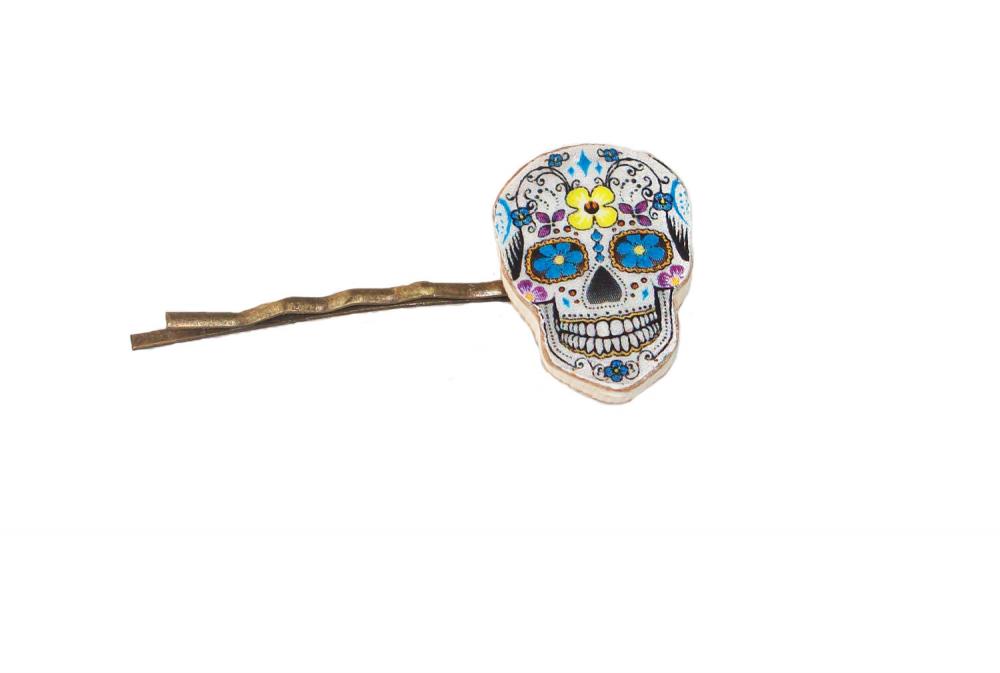 Day of the Dead, Day of the Dead Bobby Pin, Hair Slide, Skull, Wooden Skull